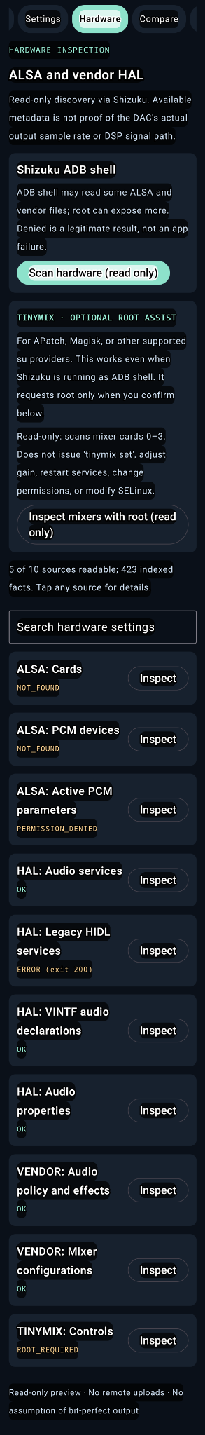 Audio Path Inspector hardware tab showing Shizuku collection, searchable ALSA and HAL sources and read-only root Tinymix inspection